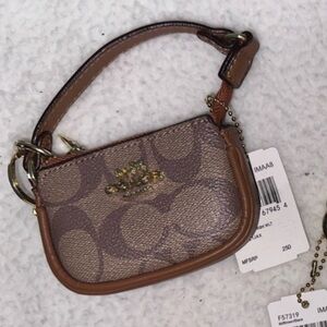 Coach Mini Wristlet Key Chain in Brown Signature Canvas with Black Accent